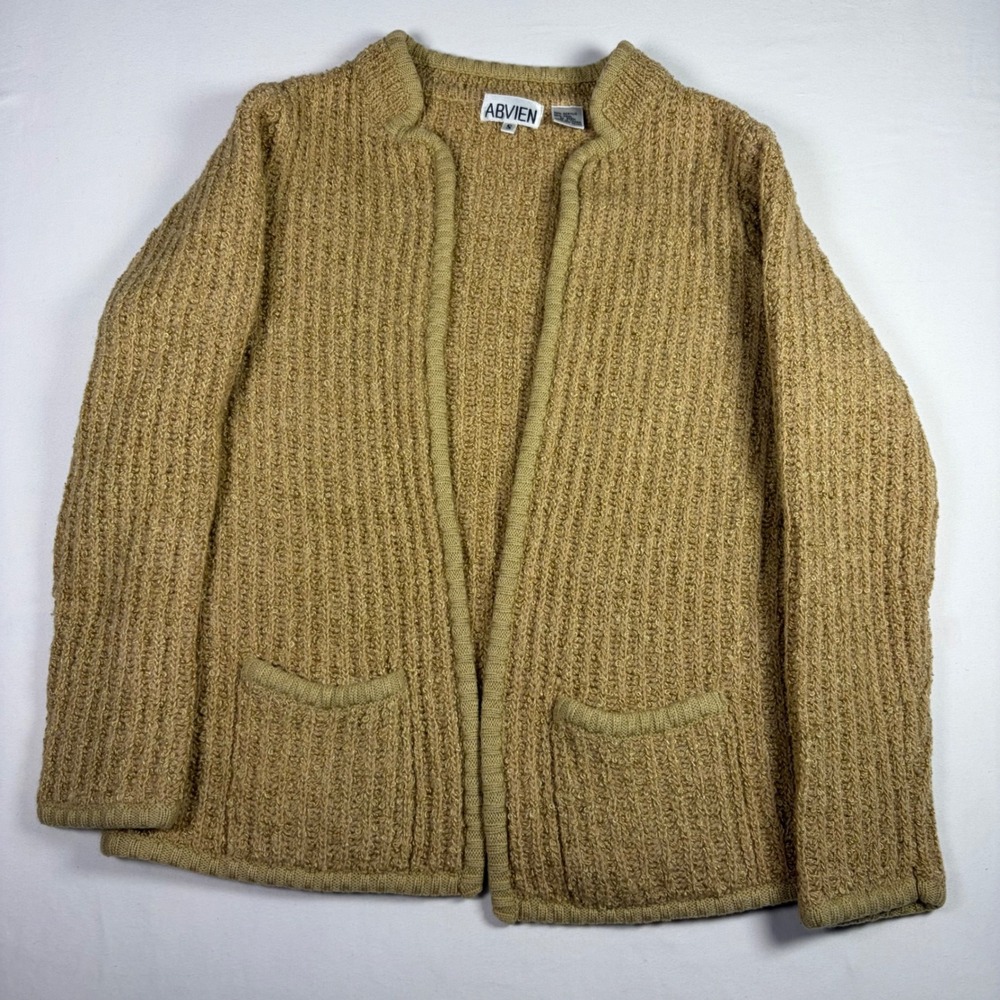 Vintage Abvien Cardigan Bouclé Wool Blend Open Front Tan Minimalist Women S